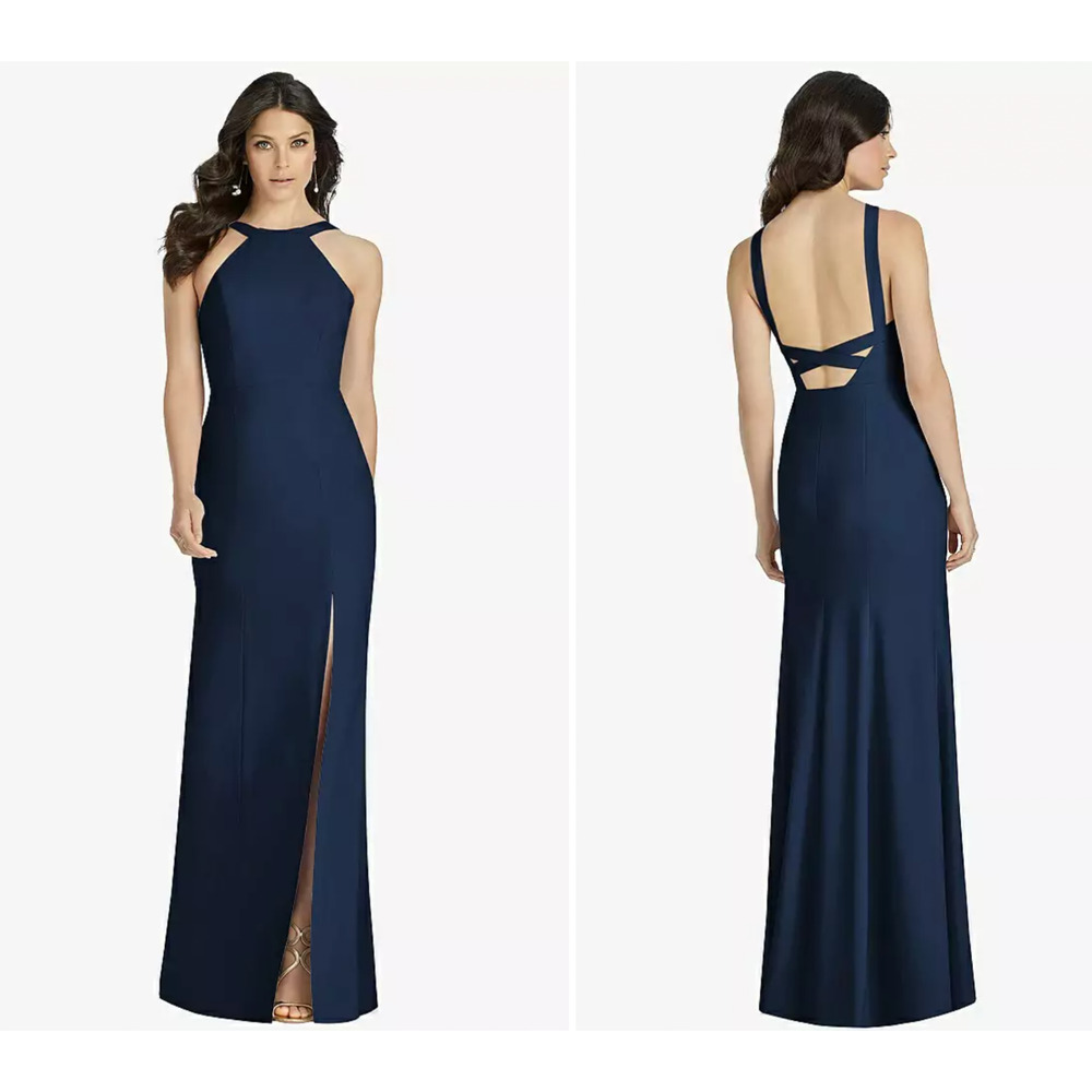 DESSY 3039 SIZE 18 HIGH-NECK BACKLESS CREPE TRUMPET GOWN MIDNIGHT BLUE SZ NEW